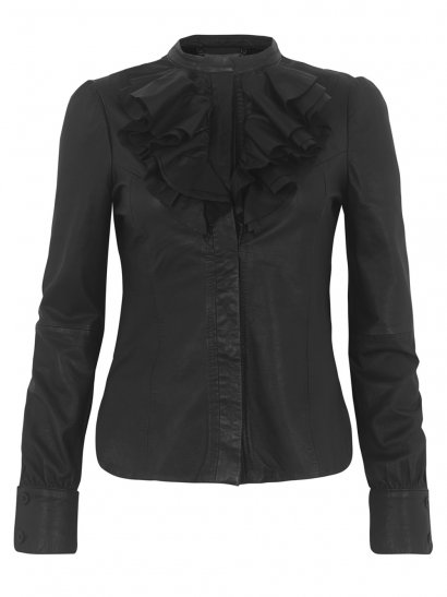 Ara Leather Ruffle Blouse in Black